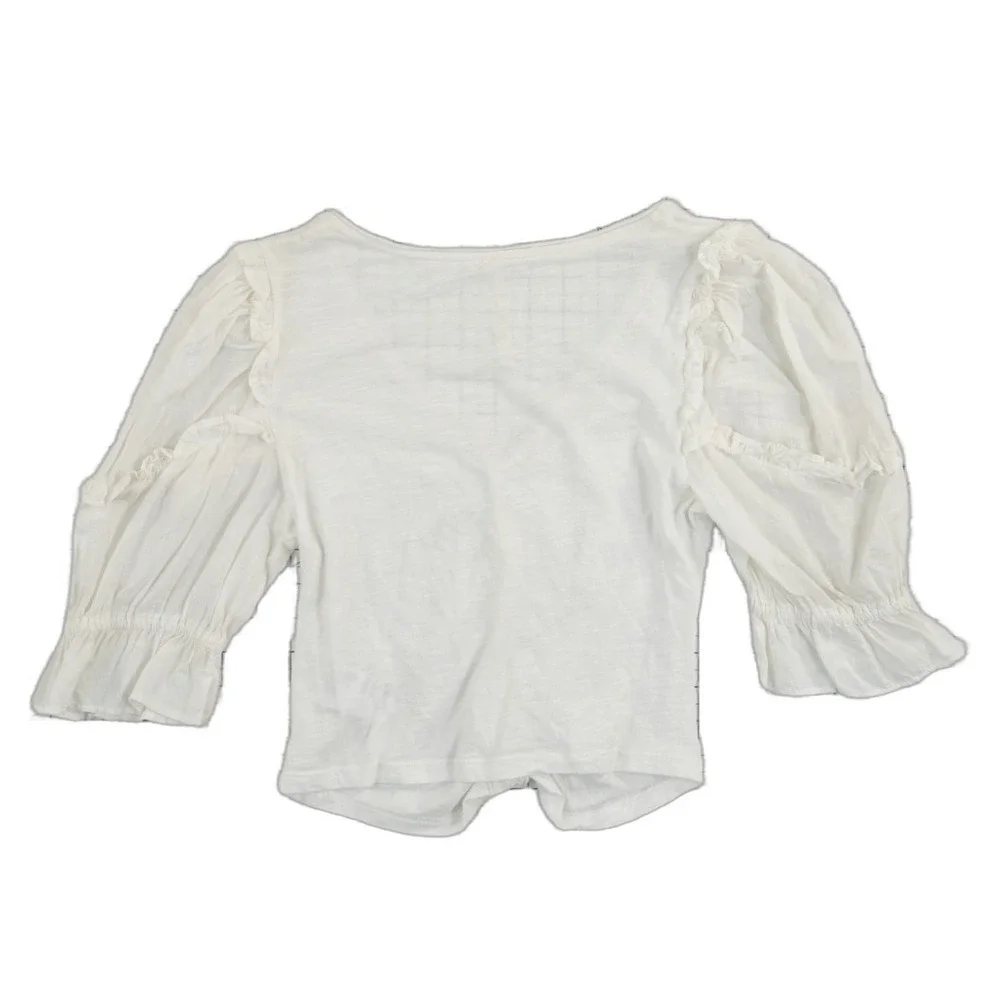 Anthropologie‎ Top Women's Size XS White Ruched V Neck Puff Sleeve Ruffle Shirt